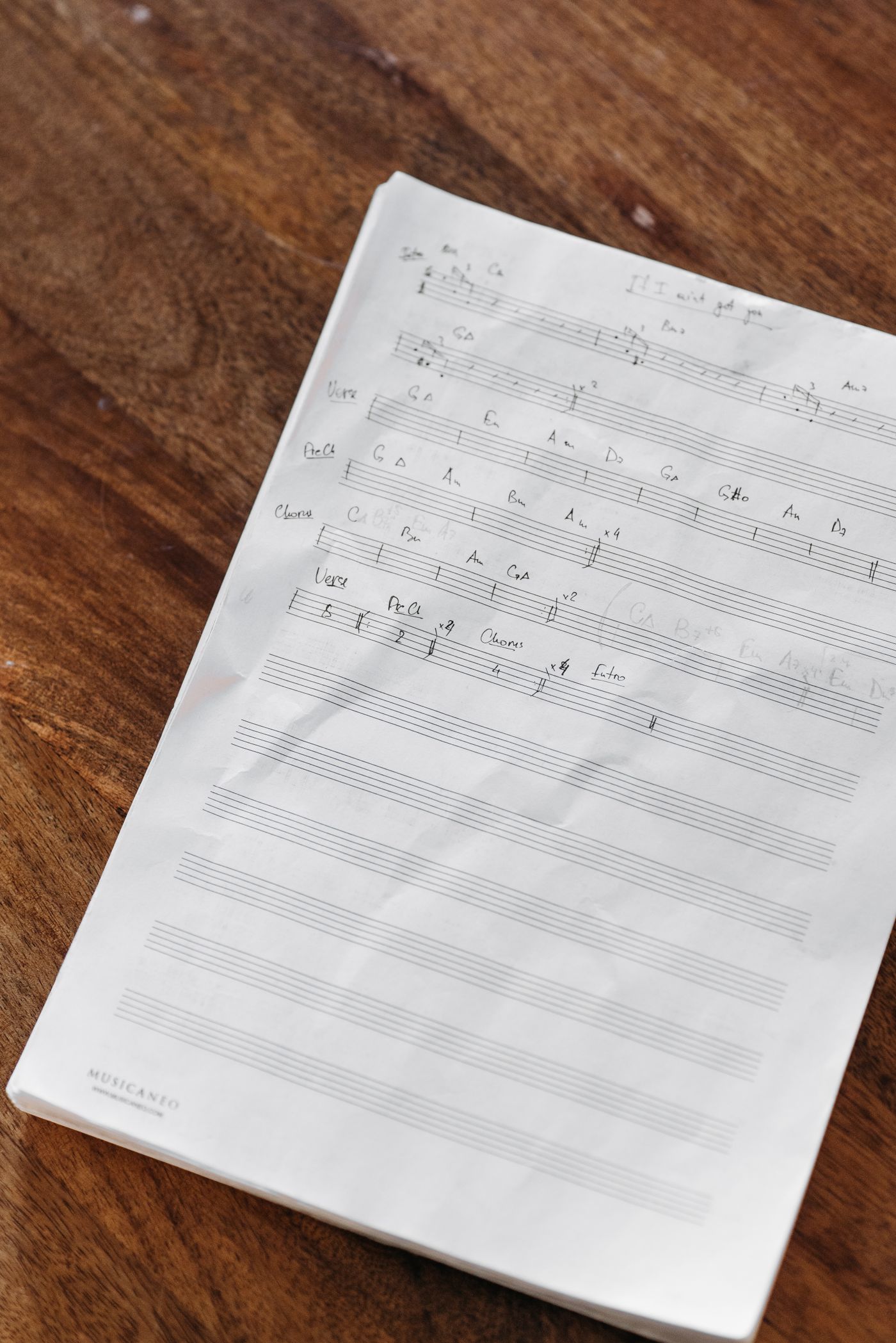 Handwritten sheet music resting on a wooden table
