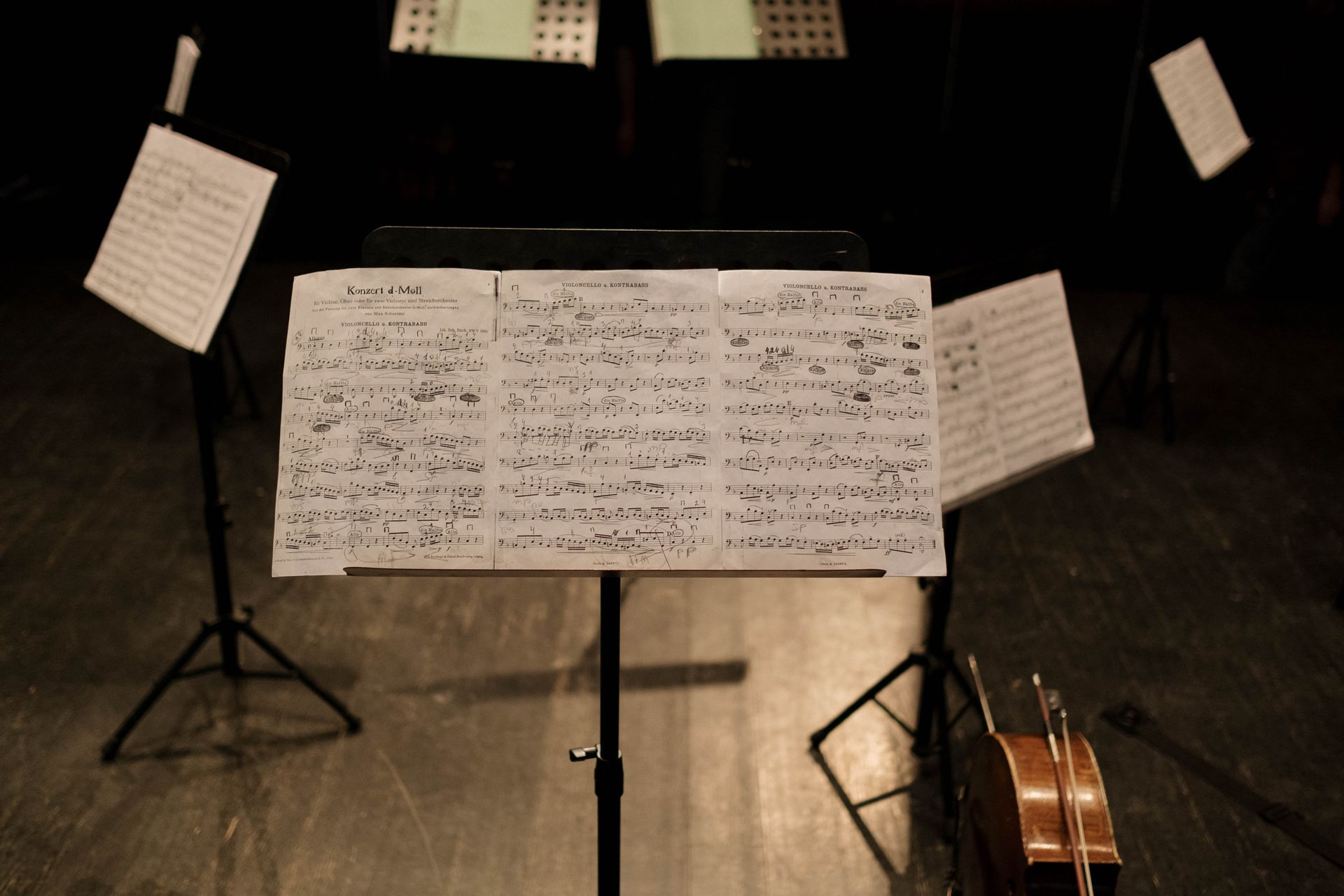 Sheet music on a stand in an empty music hall